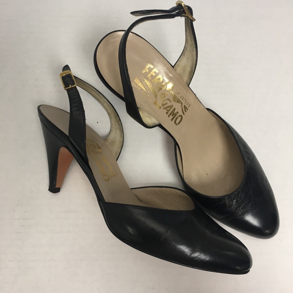 Salvatore Ferragamo Black Leather Slingback Heels
